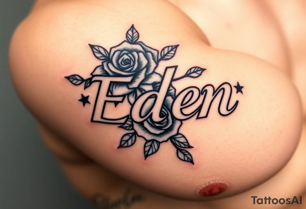Name Eden with  roses and stars tattoo idea