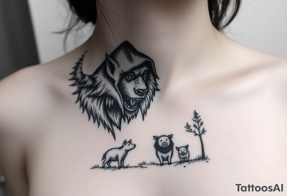 Big bad wolf nursery rhyme wearing a sheep costume with sheep head as hood and eat the three little pigs and little red riding hood in the woods tattoo idea