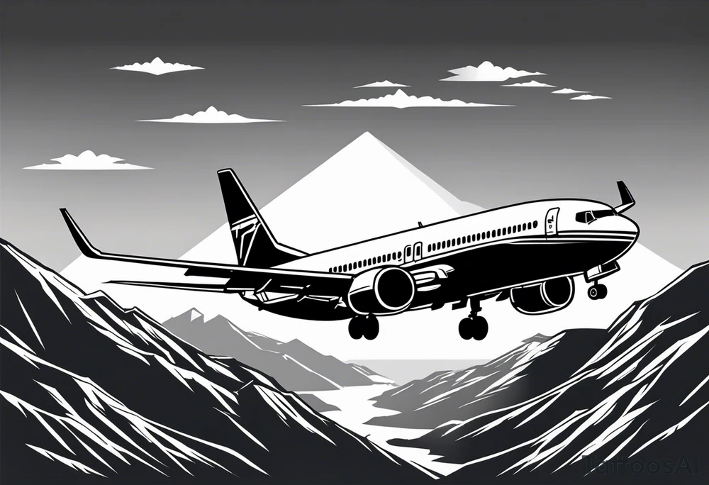 boeing 737 silhouette viewed from infront of the plane, and the silhouette is filled in with mountain scenery, and has a thin black lined border in an oblong diamond shape tattoo idea