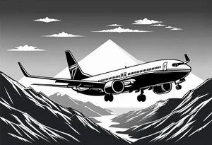 boeing 737 silhouette viewed from infront of the plane, and the silhouette is filled in with mountain scenery, and has a thin black lined border in an oblong diamond shape tattoo idea