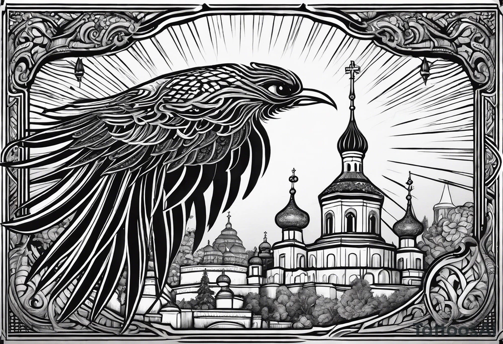 russian firebird in-flight with long fancy tail and 3 small onion cap monastery towers in background, with "Isaiah 43: 18-19" tattoo idea