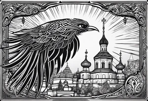 russian firebird in-flight with long fancy tail and 3 small onion cap monastery towers in background, with "Isaiah 43: 18-19" tattoo idea