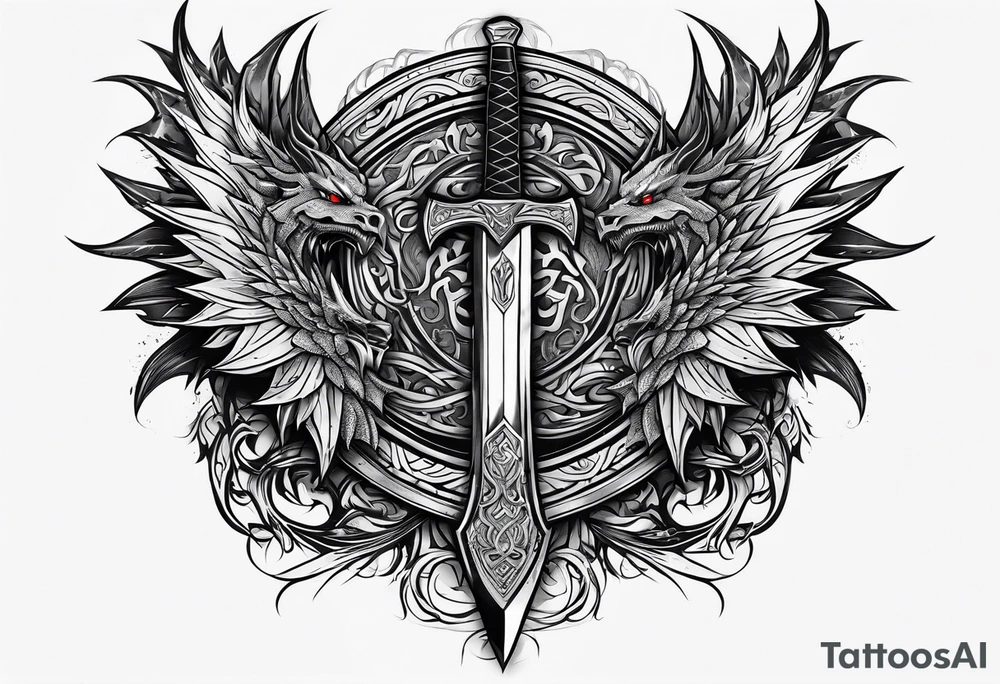 Valhalla sword shield dragon axe viking tattoo idea