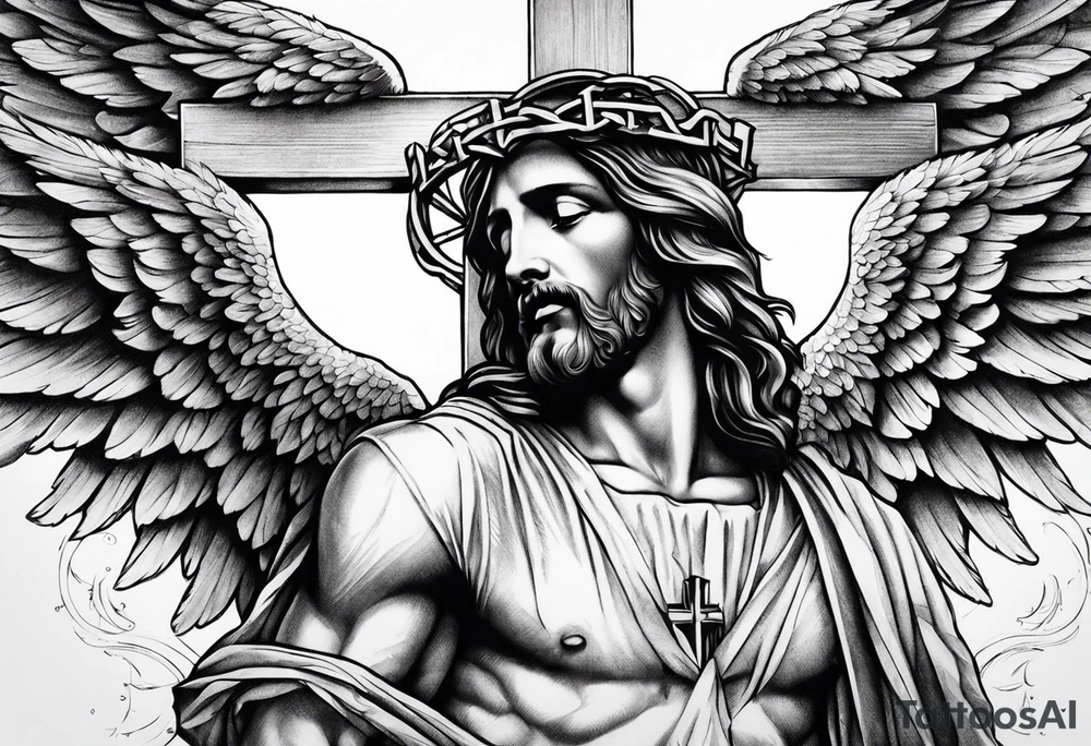 jesus on a cross surround by angel wings tattoo idea