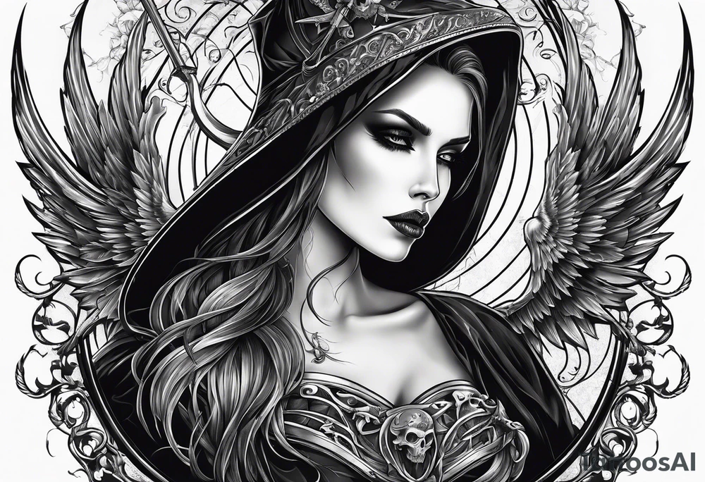 Lady grim reaper with wings, scythe and skulls tattoo idea