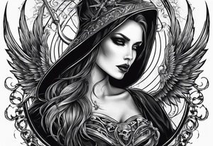 Lady grim reaper with wings, scythe and skulls tattoo idea