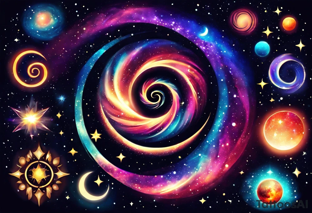 I want a spiral nebula space galaxy tattoo that's colorful and bright and cute and is nice to look at I don't want a traditional circle I want it like the ones thay look like an s shape and this tattoo will be on my left buttcheek and light colors I want more spread and less circle tattoo idea