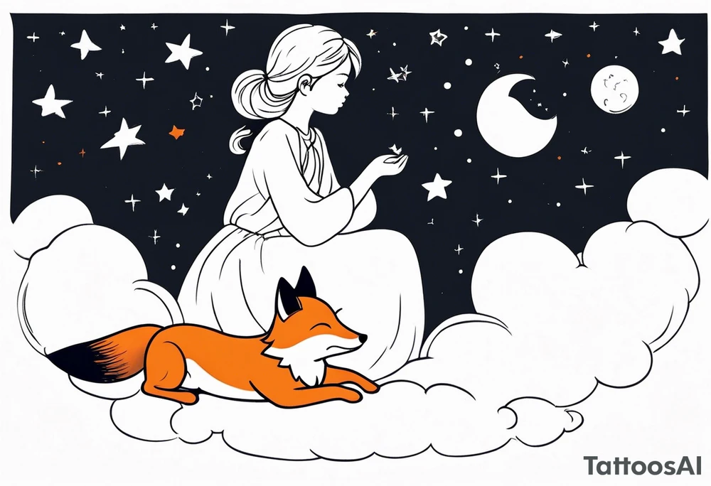 little girl with a fox sit on a cloud and look at the stars tattoo idea