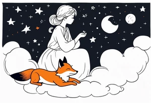 little girl with a fox sit on  a cloud and look at the stars tattoo idea