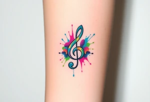 A treble clef breaking apart into abstract shards, with splashes of vivid color—turquoise, magenta, and lime green tattoo idea