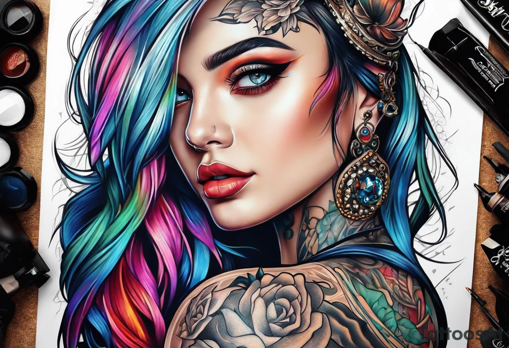Girl with horny eyes tattoo idea