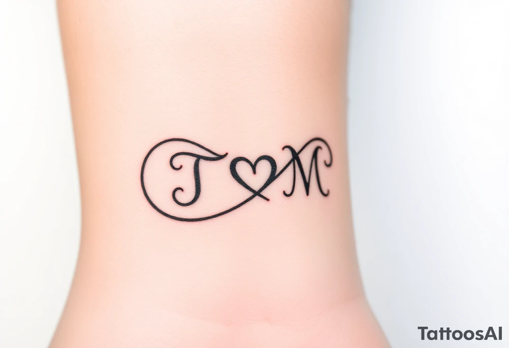 An infinity symbol with two initials T and M on each loop and a tiny heart in the center in black ink tattoo idea