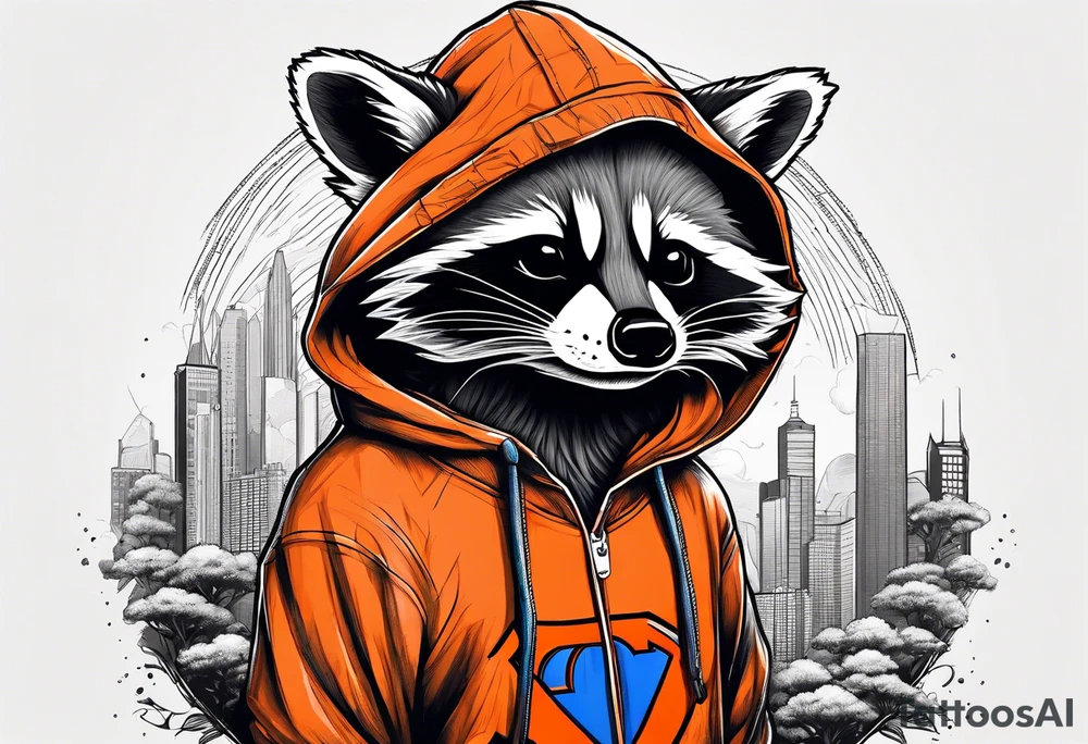 Raccoon wearing an orange Superman hoodie tattoo idea