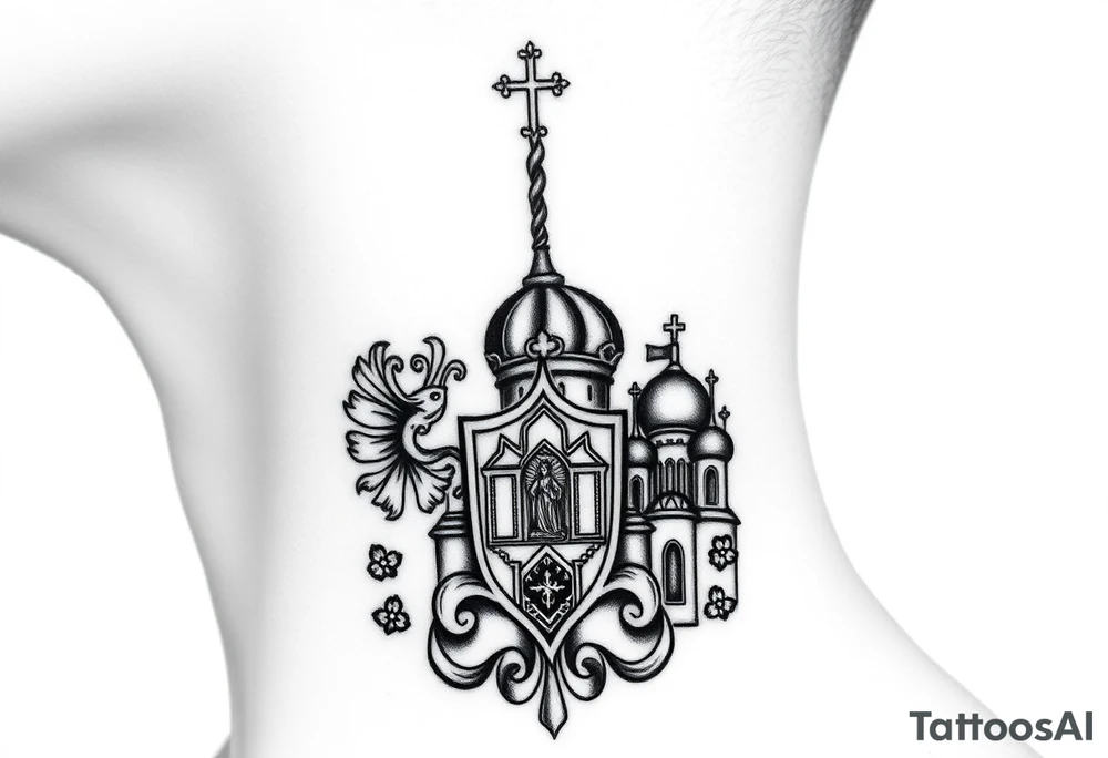 russian coat arms in a russian christian orthodox style virgin mary & orthodox dome church on the side of the neck tattoo idea