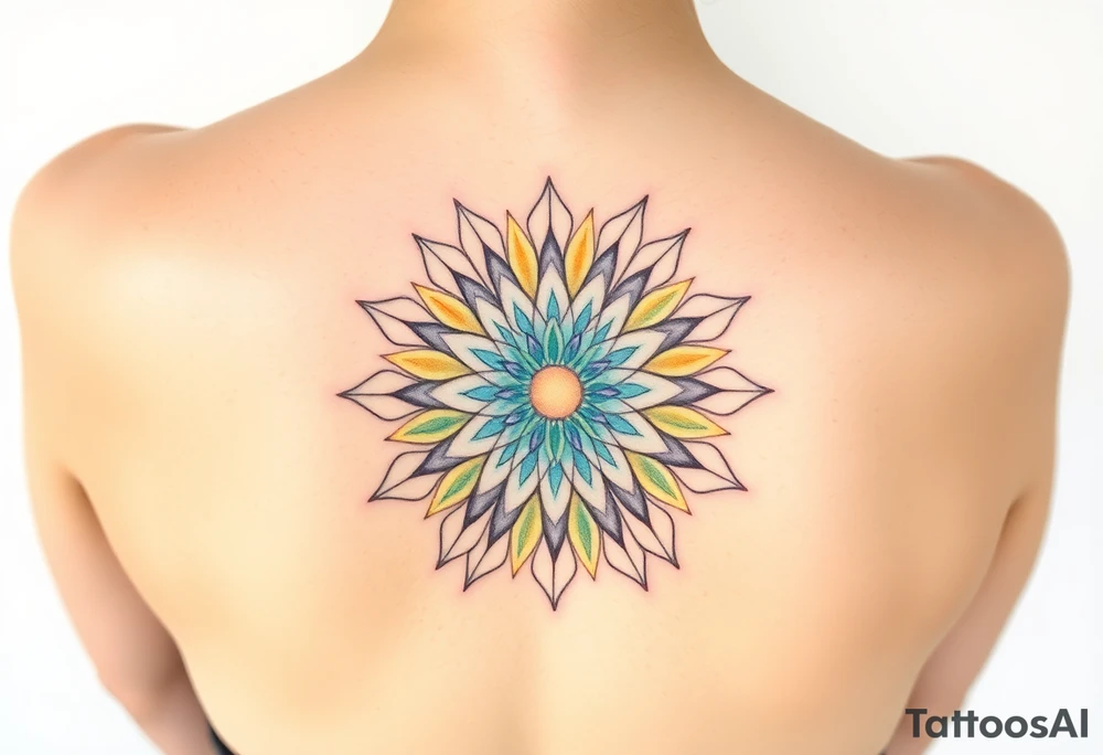 A sunburst pattern radiating from centered in round cyrcle of the the Flower of Life, embodying energy and vitality tattoo idea