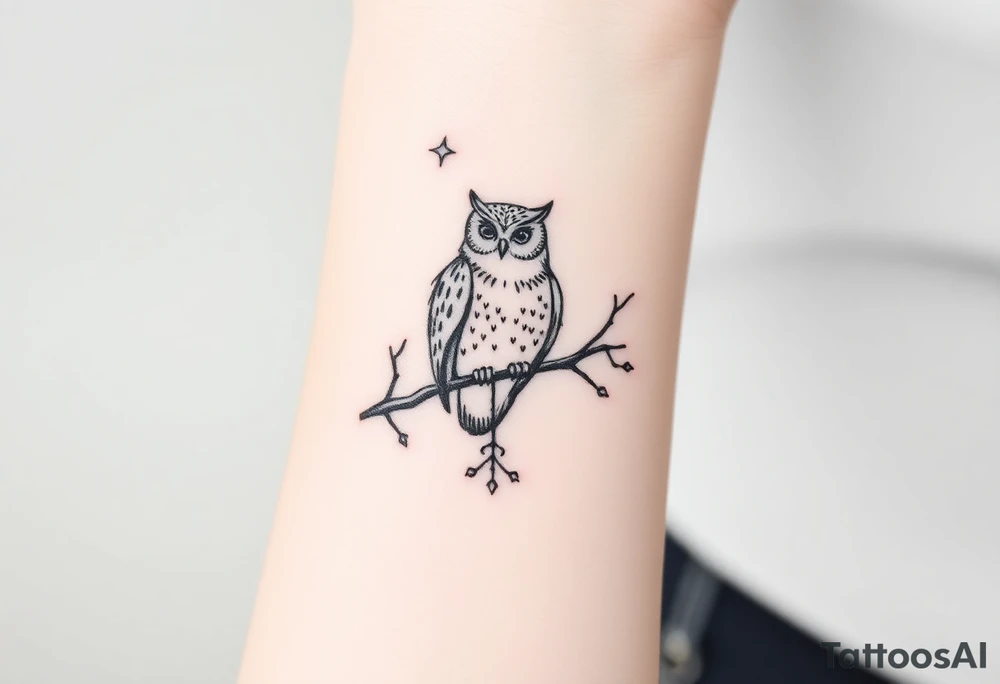 wise owl perched on ancient oak branch under starlit sky tattoo idea