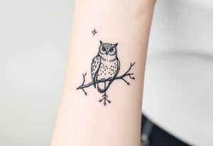 wise owl perched on ancient oak branch under starlit sky tattoo idea