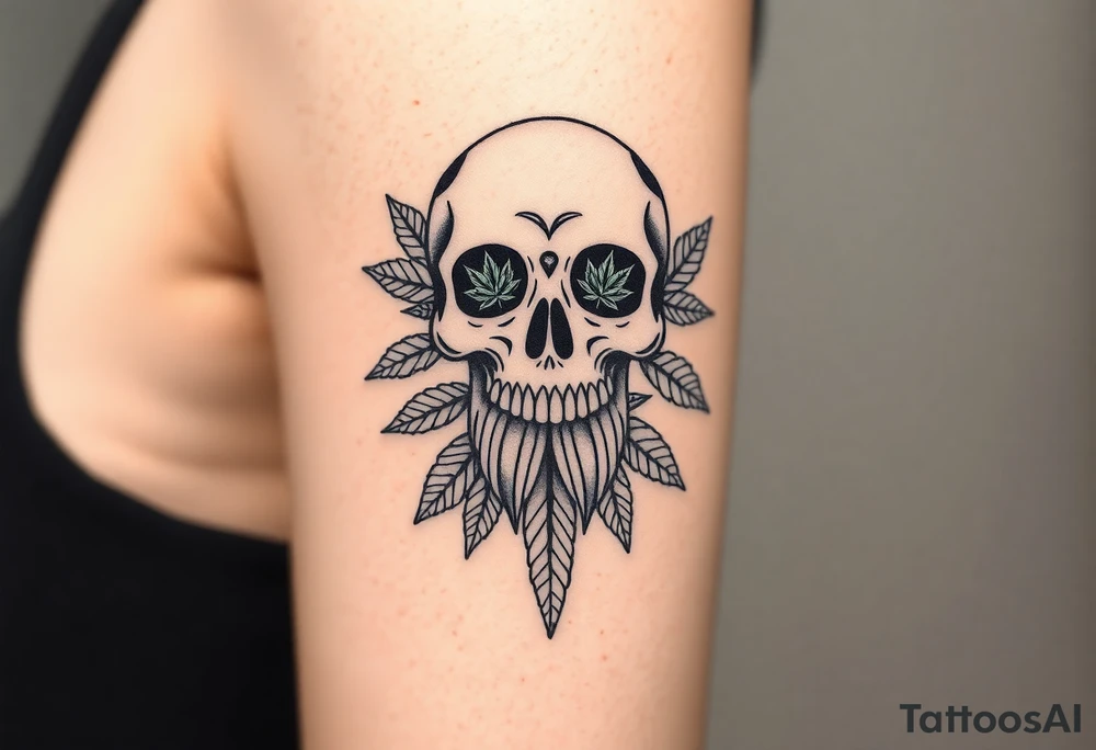 "Create a bold, black-and-white illustration of a stylized skull with intricate detailing. Incorporate cannabis leaves extending downward like a beard and marijuana buds filling the eye sockets. Ensure the design is symmetrical, high-contrast, and resembles a tattoo-style artwork with sharp, clean lines." tattoo idea