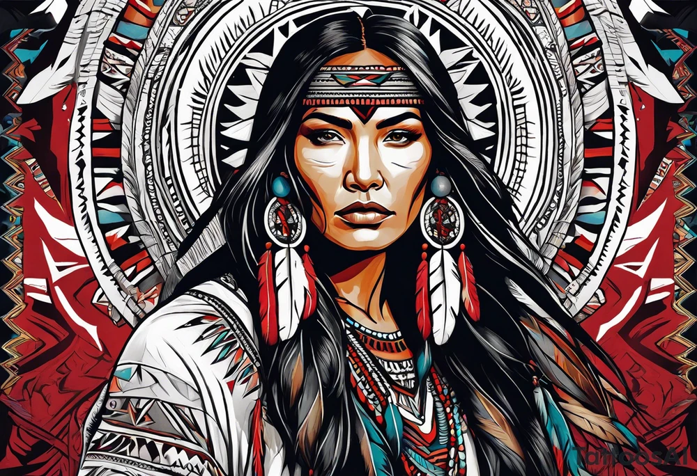 Native American woman spirit full body with buffalo blanket tattoo idea