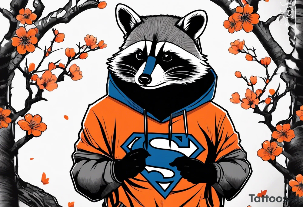 raccoon wearing a black and white Superman hoodie and orange Japanese cherry blossoms tattoo idea