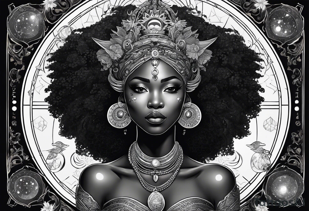 Black woman, royalty, enlightenment, wisdom, astronomy, cancer zodiac, natural, love, strength, power tattoo idea