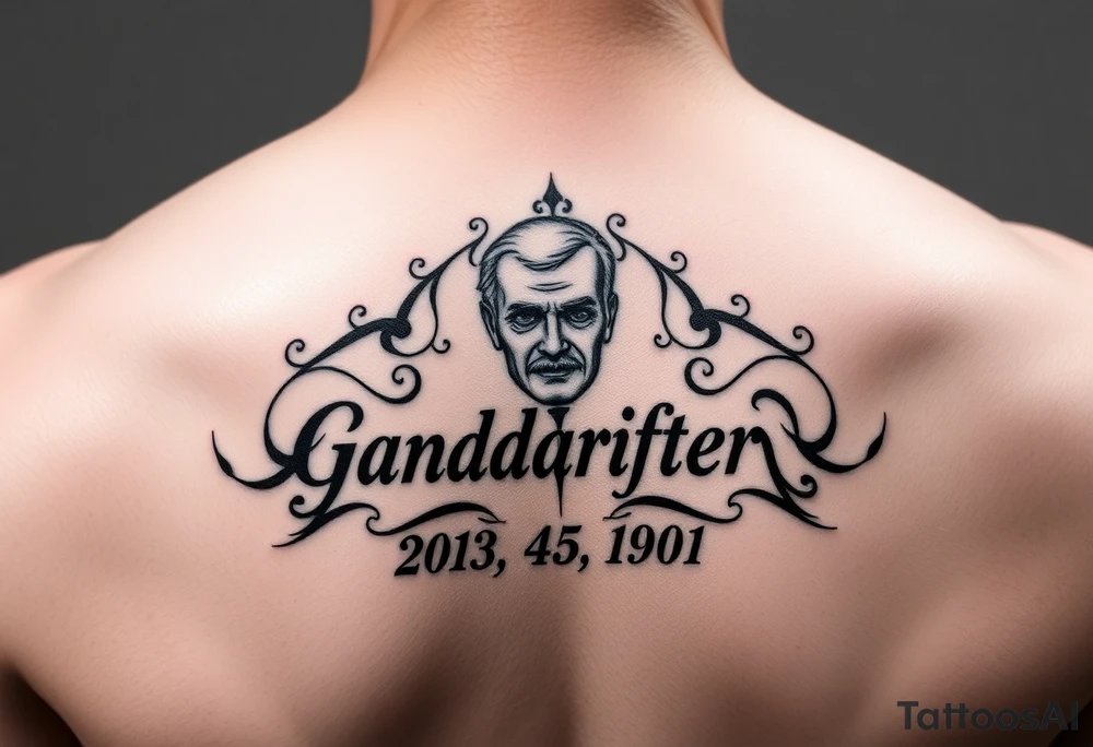 Small tattoo , on the shoulder traps , representing grandfather and date of death, could be in German or English tattoo idea