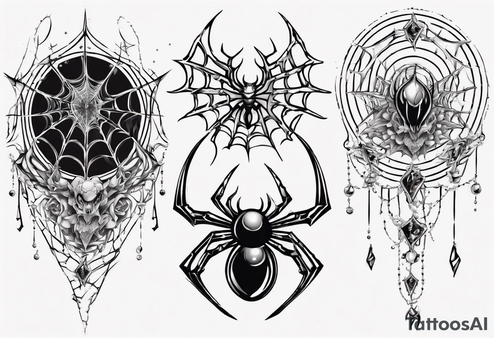 Spider in a spiral spiderweb with jewels and shattered chalices and spiral unicorn horn. tattoo idea