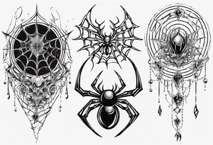 Spider in a spiral spiderweb with jewels and shattered chalices and spiral unicorn horn. tattoo idea