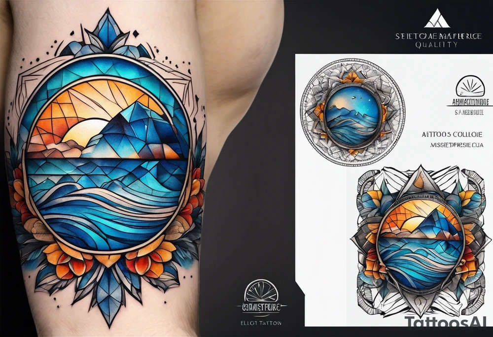 Relógio de areia com detalhes geométricos e uma areia colorida em tons de azul tattoo idea