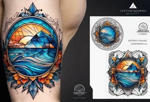 Relógio de areia com detalhes geométricos e uma areia colorida em tons de azul tattoo idea