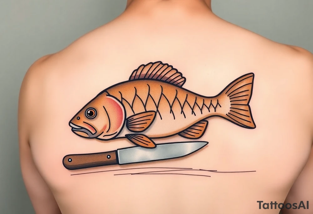 A carp resting on a wooden table with a sharp knife nearby, symbolizing the Czech Christmas tradition, in muted browns and soft golden tones. tattoo idea