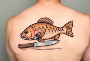 A carp resting on a wooden table with a sharp knife nearby, symbolizing the Czech Christmas tradition, in muted browns and soft golden tones. tattoo idea