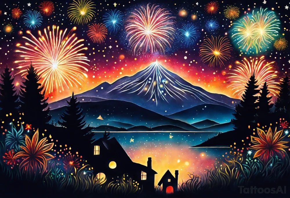 Fireworks burst across the night sky, surrounded by glowing candles and stars, capturing the magic and nostalgia of Colombian December nights. The scene is vibrant with multi-colored lights and an air of celebration. Soft linework mist or halos around the fireworks adds a magical, dreamy quality to the scene. The tattoo reflects joy and tradition, with an emphasis on warmth and festivity. tattoo idea