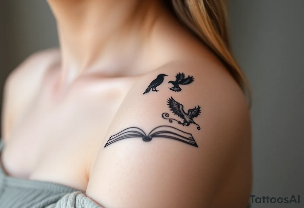 An open book with black silhouettes of a werewolf, an owl, a dragon & a phoenix above it tattoo idea