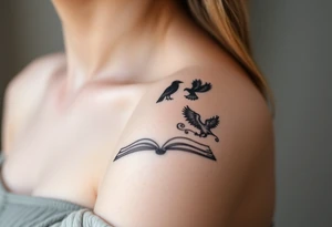 An open book with black silhouettes of a werewolf, an owl, a dragon & a phoenix above it tattoo idea