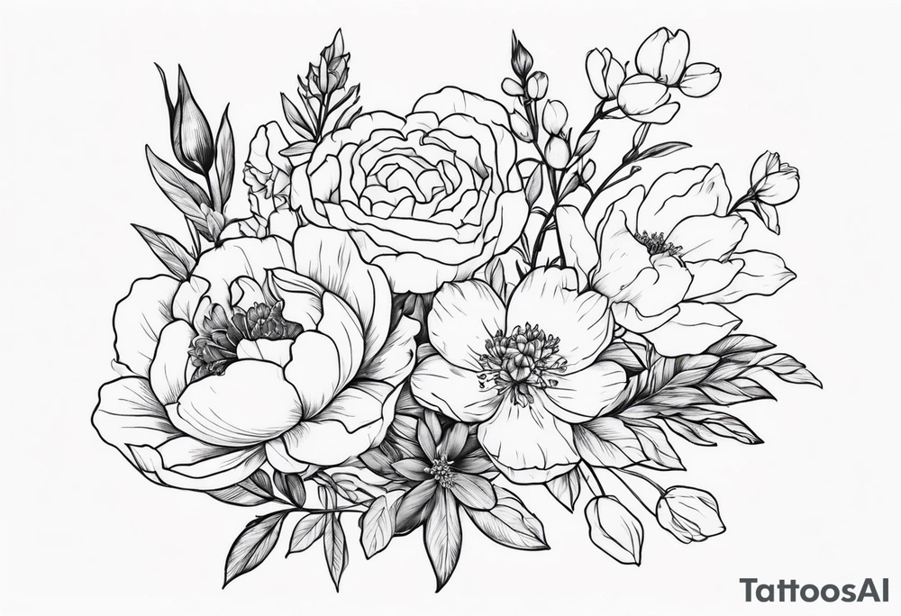 flower bouquet with a peony, larkspur, rose, and daffodil tattoo idea