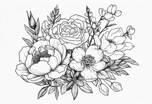 flower bouquet with a peony, larkspur, rose, and daffodil tattoo idea