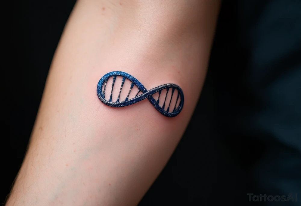 A DNA helix in the form of an infinity, in blue and silver, symbolizing life and legacy. tattoo idea