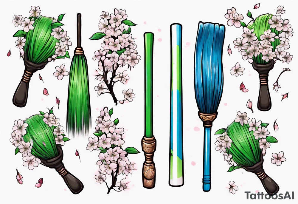 blue and green broom with cherry blossoms tattoo idea