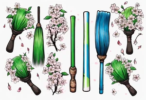 blue and green broom with cherry blossoms tattoo idea