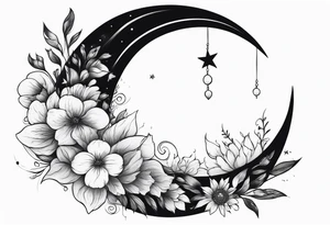 Crescent moon with a heart inside, shrouded by beautiful flowers with wisps of mist tattoo idea