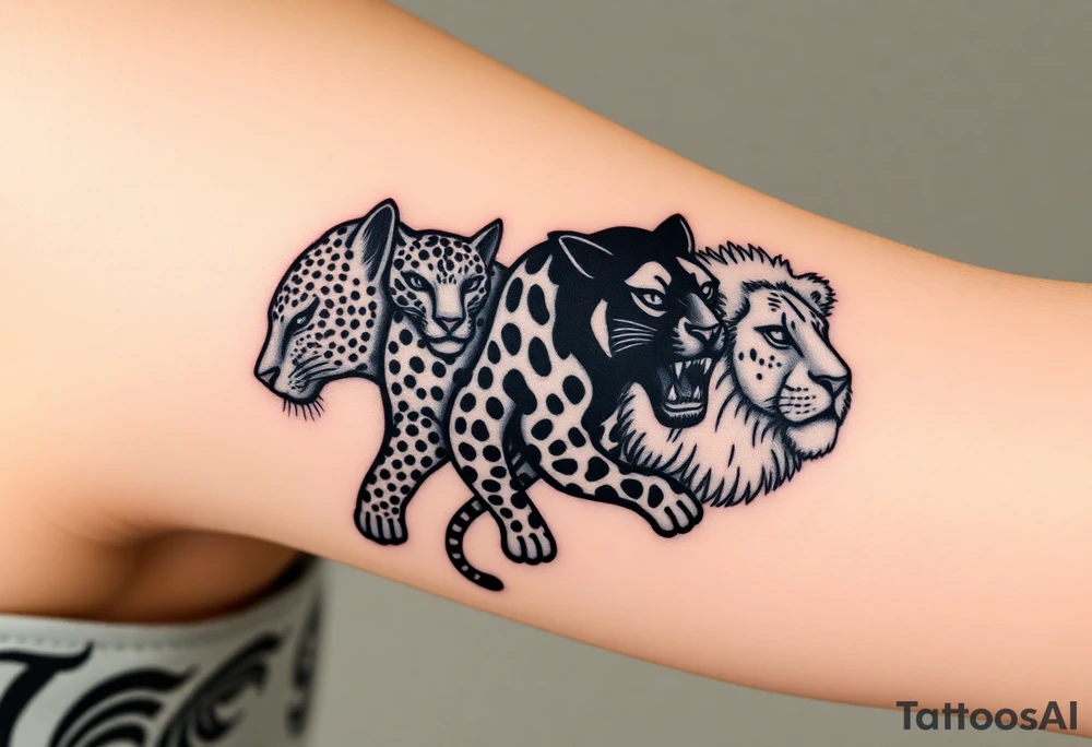 old school style montage of these 5 big cats:
a leopard , a cheetah , a jaguar, a black panther and a lion - as a wrap around bracelet style - about 3 inches each cat - on my upper right arm right above the elbow tattoo idea