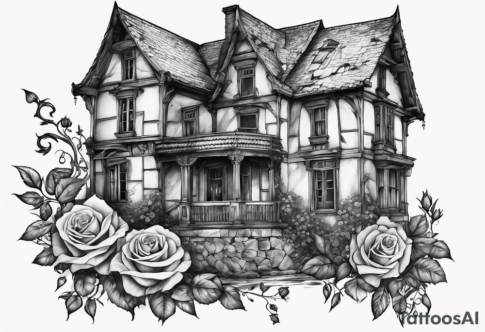 fool sleeve,, abandoned old gotic house, broken sword, roses, tattoo idea