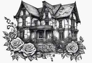 fool sleeve,, abandoned old gotic house, broken sword, roses, tattoo idea