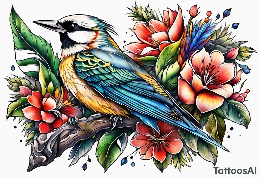 australian sleeve with birds and barbs tattoo idea