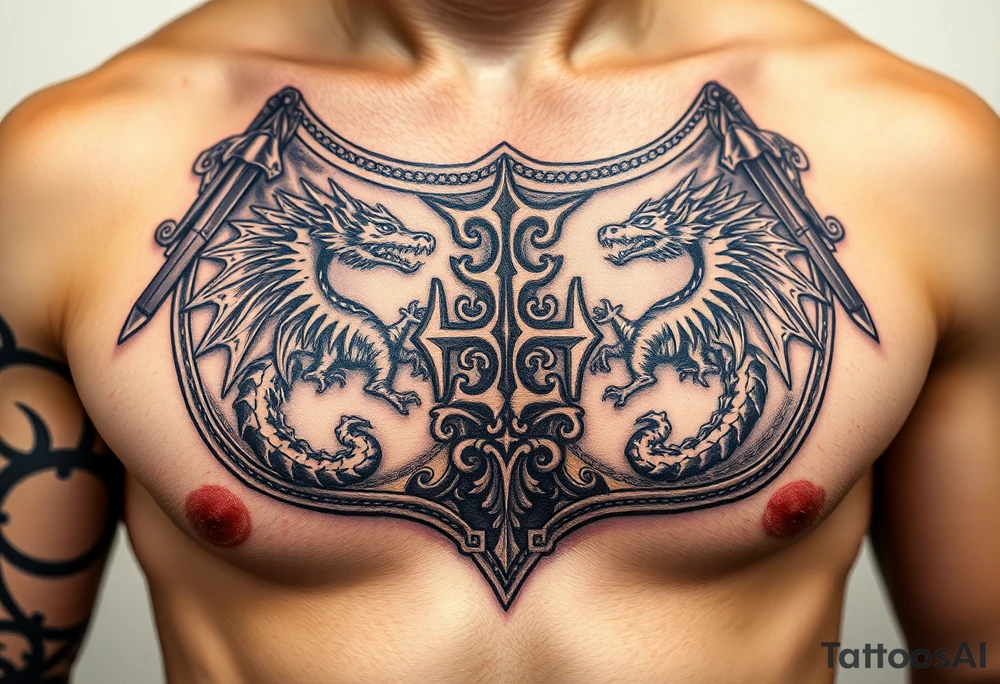 A close-up of an ornate Templar knight’s breastplate, with detailed engravings of dragons tattoo idea