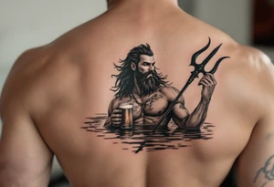 young, happy, fit poseidon in calm water, holding a trident, drinking a beer, with sunset, with ski bare feet tattoo idea