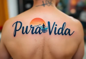 “Pura Vida” in all caps, inked in deep indigo with a silhouette of a surfer and soft orange horizon. tattoo idea