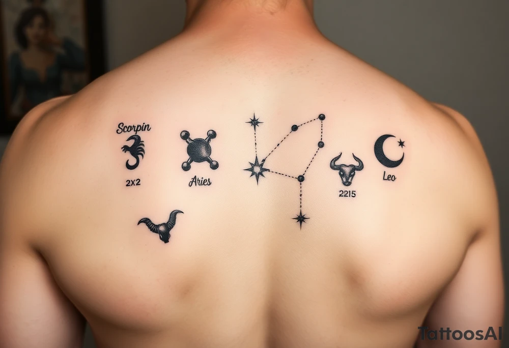 Back piece artistic water color constellations for family members: Scorpio (x2) Taurus, Aries (x2), leo. Star only. Combined into one night sky tattoo idea
