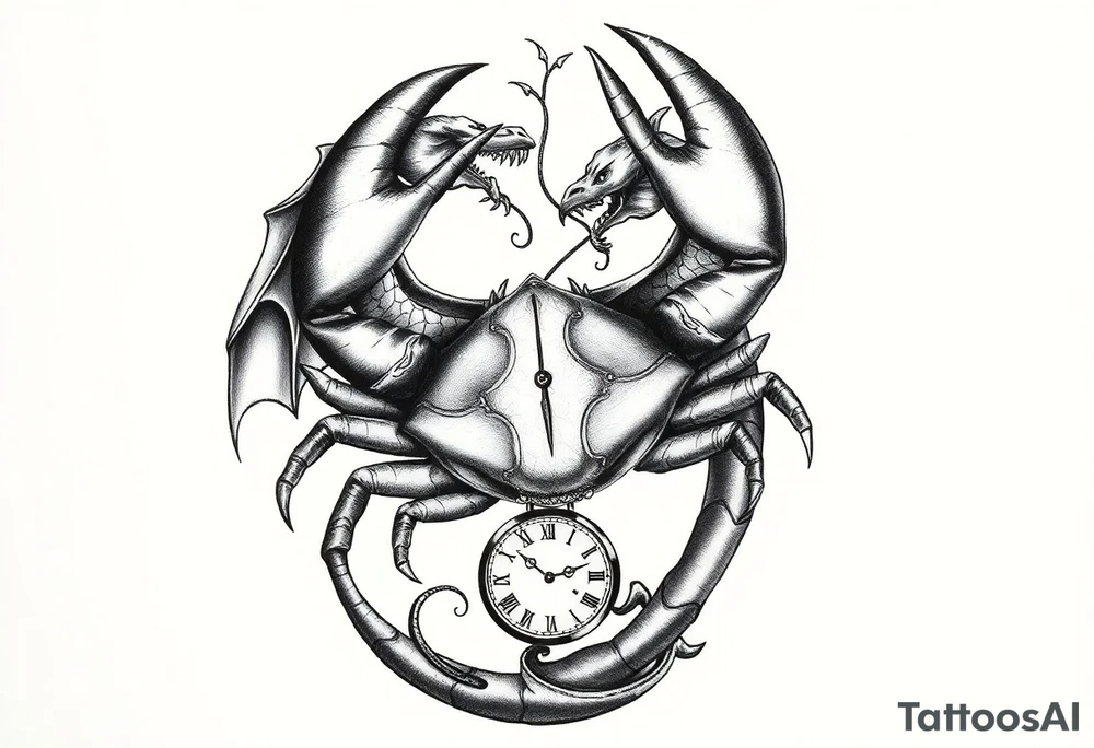 Dark cancer zodiac sign tattoo with dragon and clock on background tattoo idea